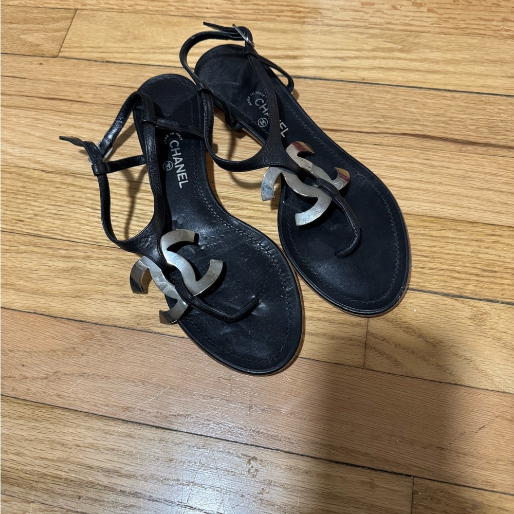 Vintage CHANEL Black and Silver Sandals
